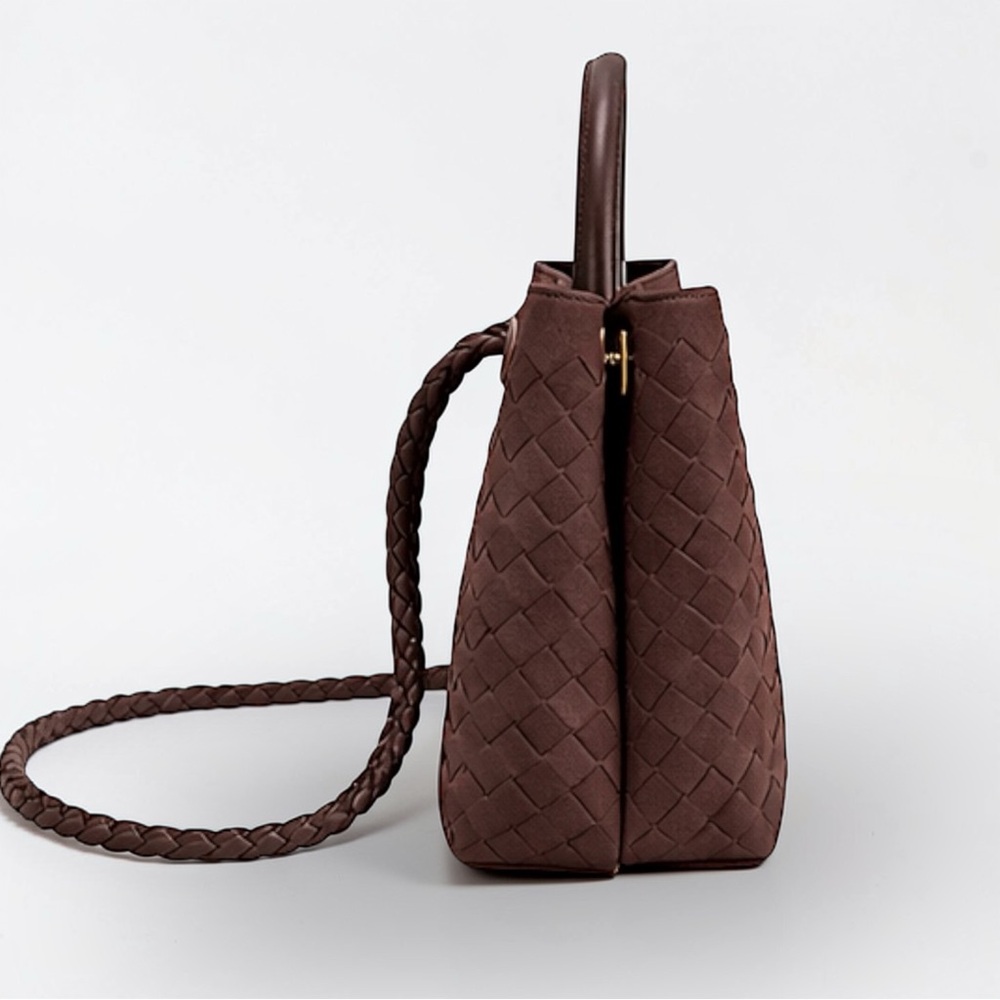 TU-LX Brown Woven “Verona” Satchel Vegan Suede Knot Top Handle Crossbody / NWT - Picture 2 of 7